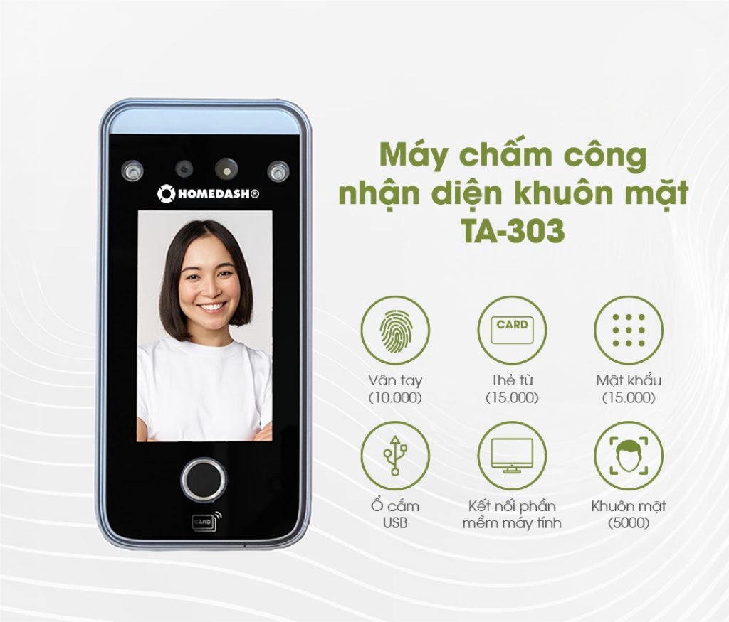 Máy chấm công HomeDash TA-303 với màn hình cảm ứng 4.3 inch và camera kép