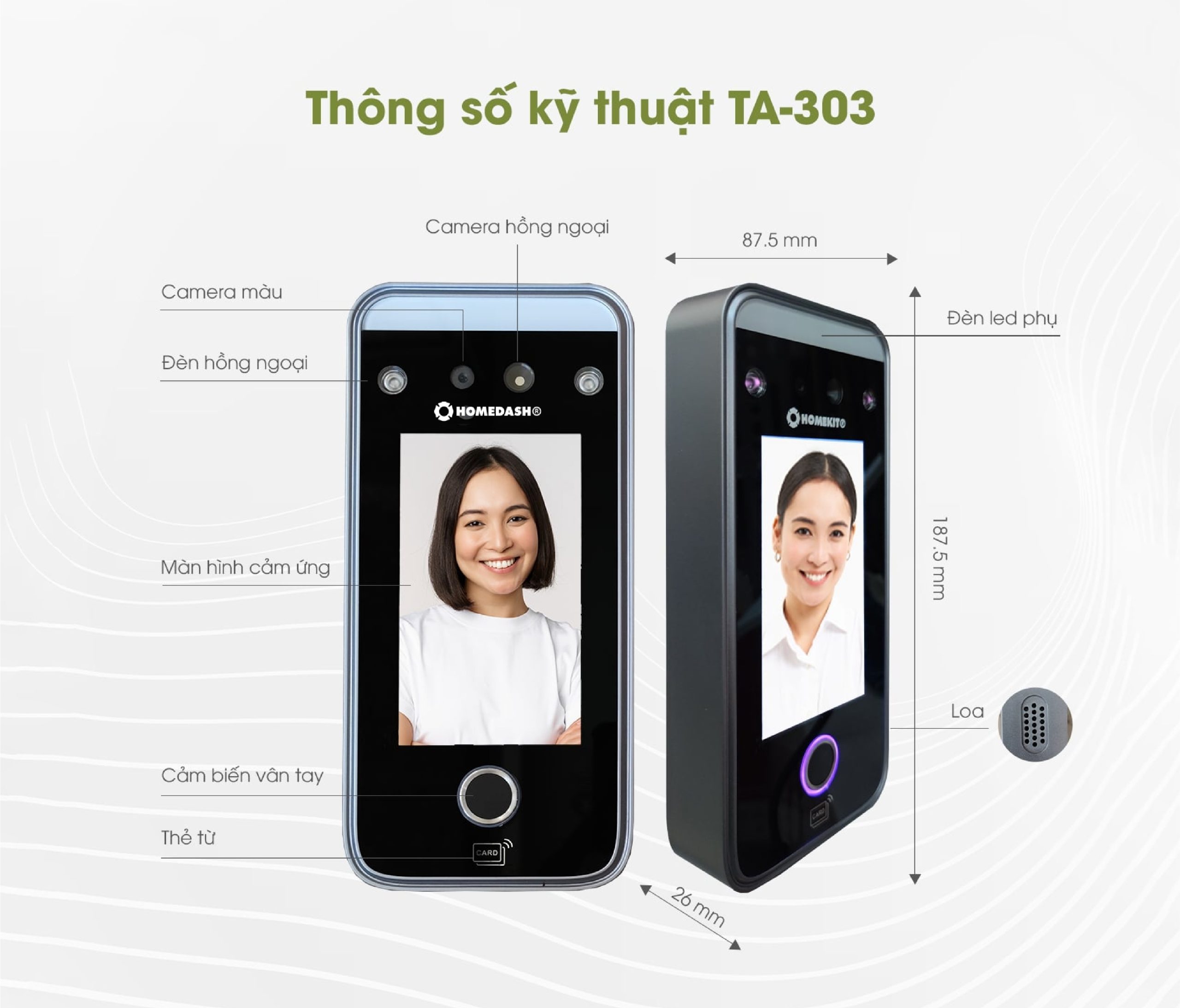 Kích thước và màu đen xám của máy chấm công HomeDash TA-303