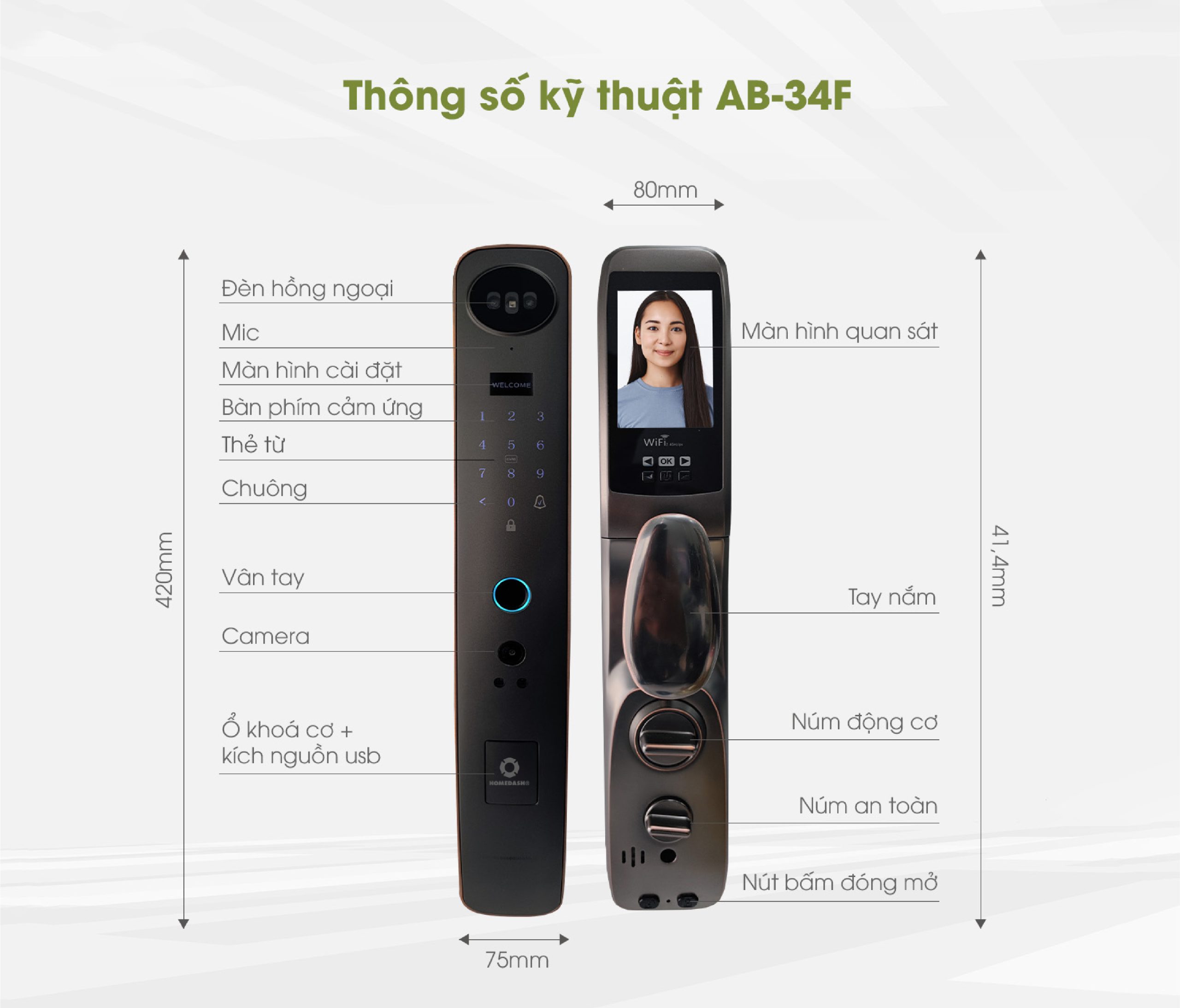 Khoá cửa nhận diện khuôn mặt tích hợp đàm thoại hai chiều AB-34F HomeDash