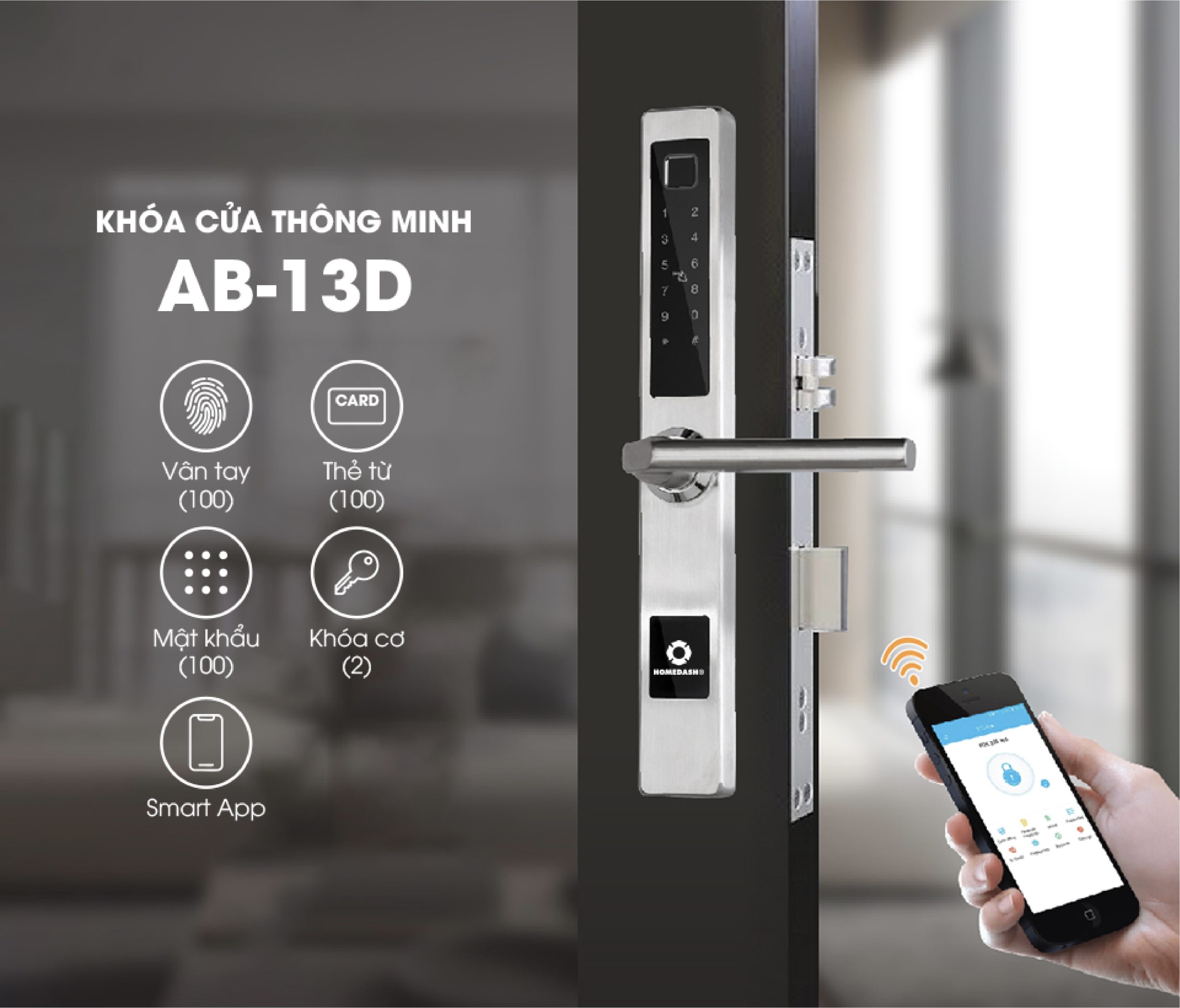 Các tính năng bảo mật và điều khiển thông minh trên khóa vân tay AB-13D.