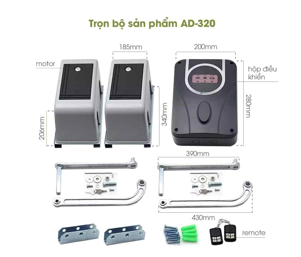 Bộ sản phẩm AD-320 gồm 2 motor, 2 bộ cánh tay co, hộp điều khiển và remote