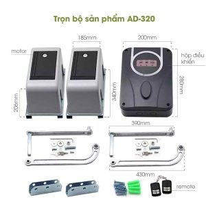 Bộ sản phẩm AD-320 gồm 2 motor, 2 bộ cánh tay co, hộp điều khiển và remote