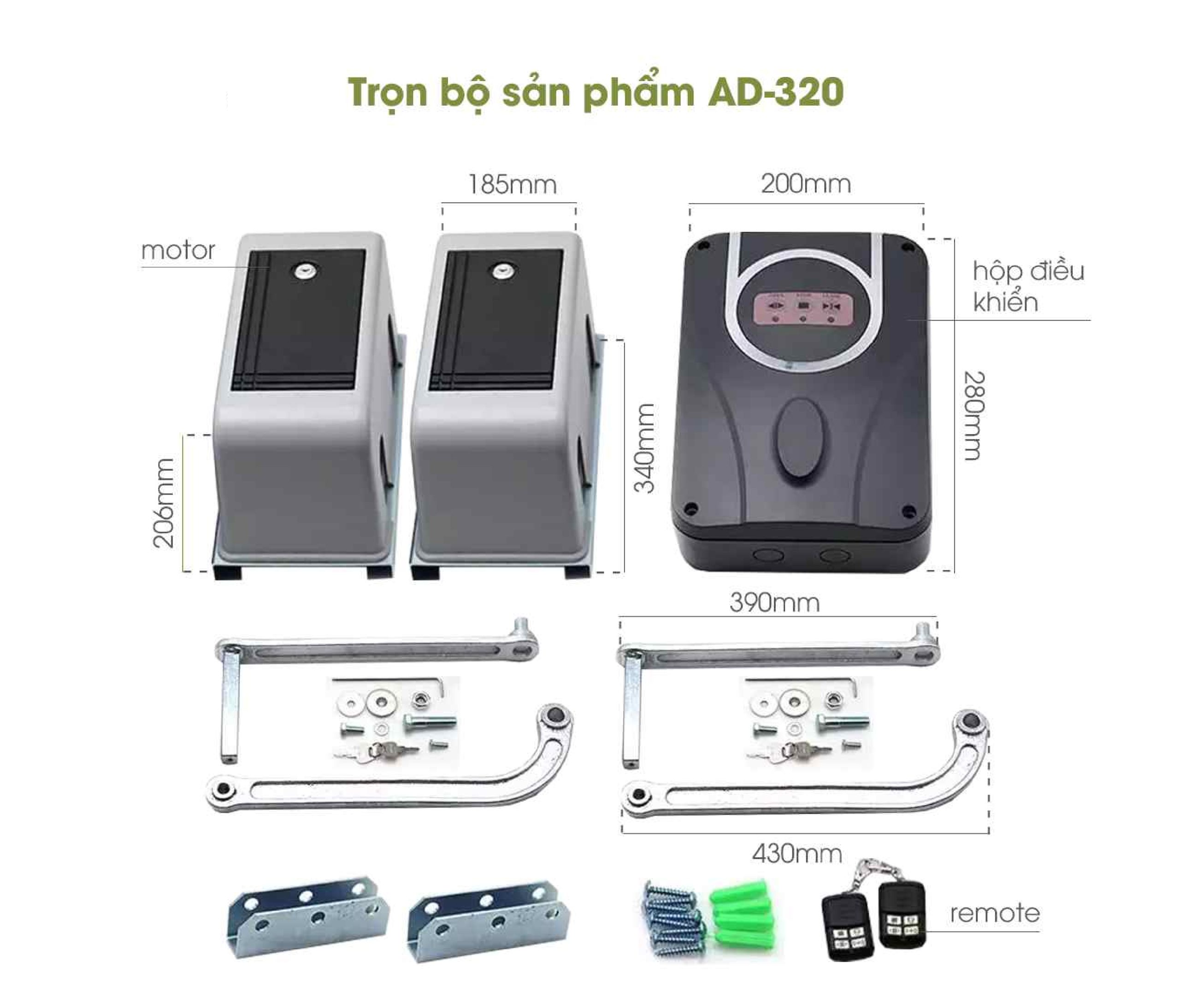Bộ sản phẩm AD-320 gồm 2 motor, 2 bộ cánh tay co, hộp điều khiển và remote