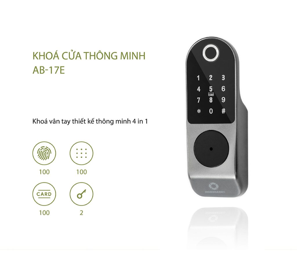 Khóa cổng vân tay AB-17E HomeDash hoạt động độc lập, hỗ trợ mở bằng vân tay, mật khẩu, thẻ từ và chìa cơ.