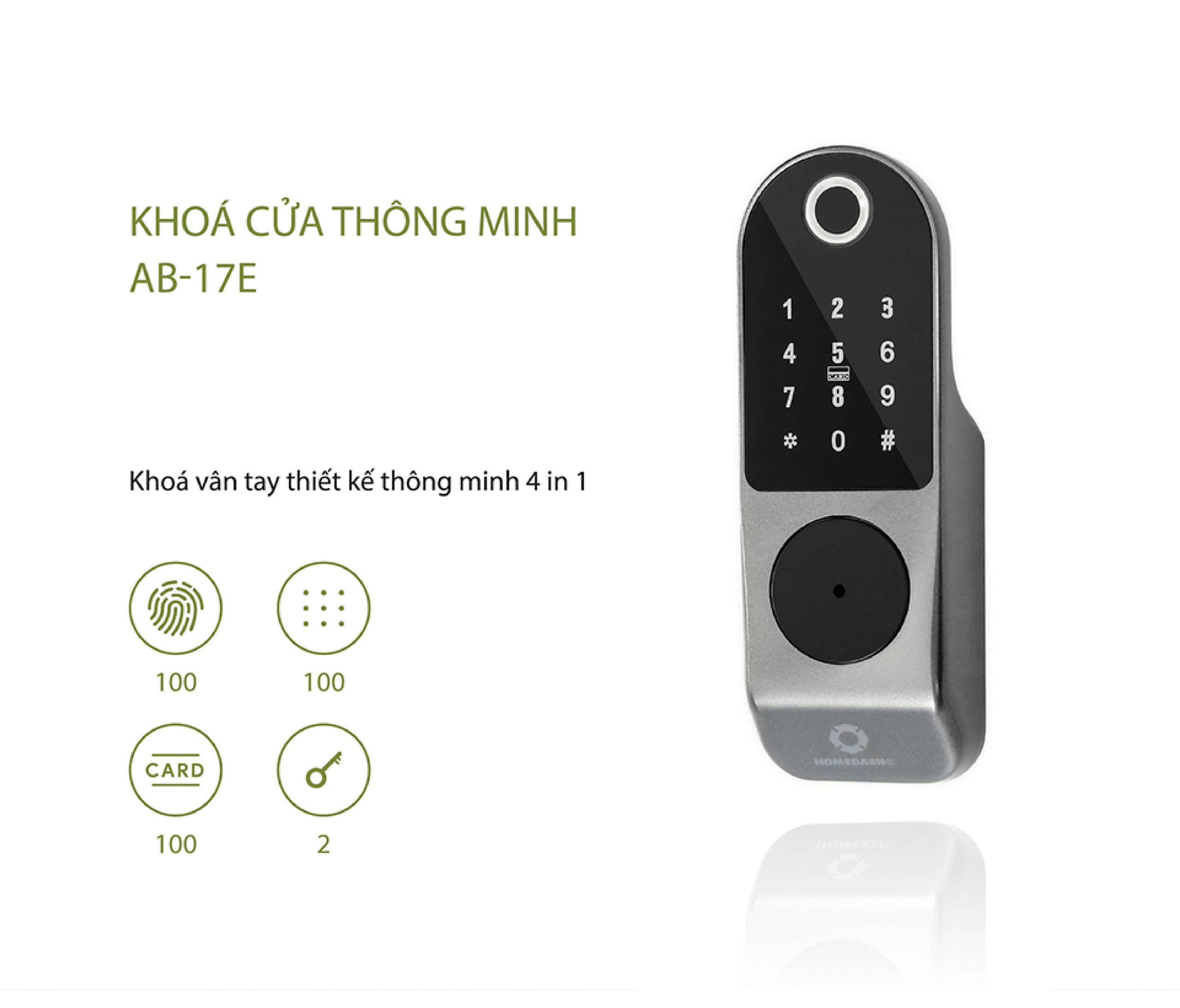 Khóa cổng vân tay AB-17E HomeDash hoạt động độc lập, hỗ trợ mở bằng vân tay, mật khẩu, thẻ từ và chìa cơ.