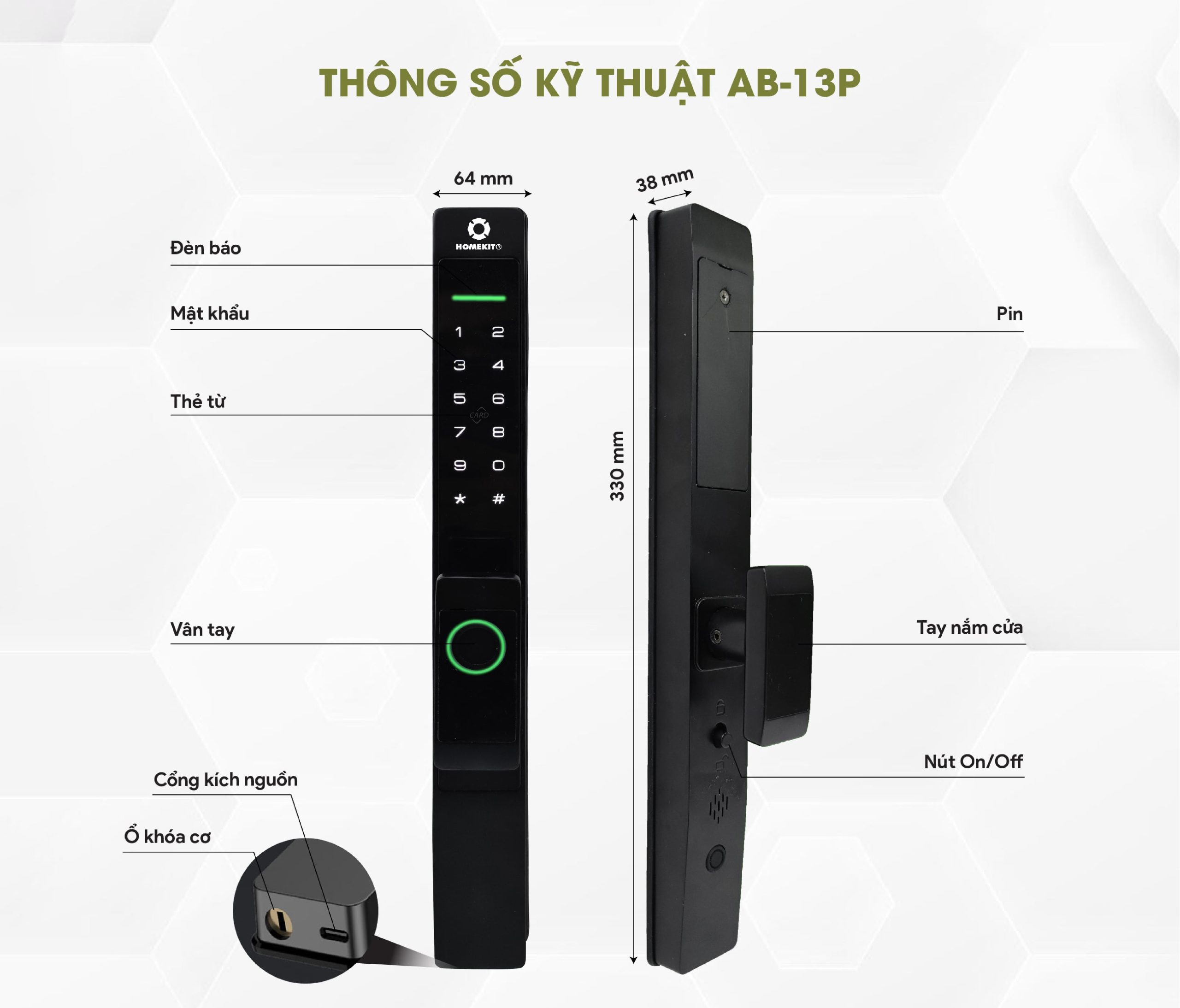 Khóa cửa điện tử AB-13P HomeDash cho cửa nhôm Xingfa, kích thước 330×38×64 mm
