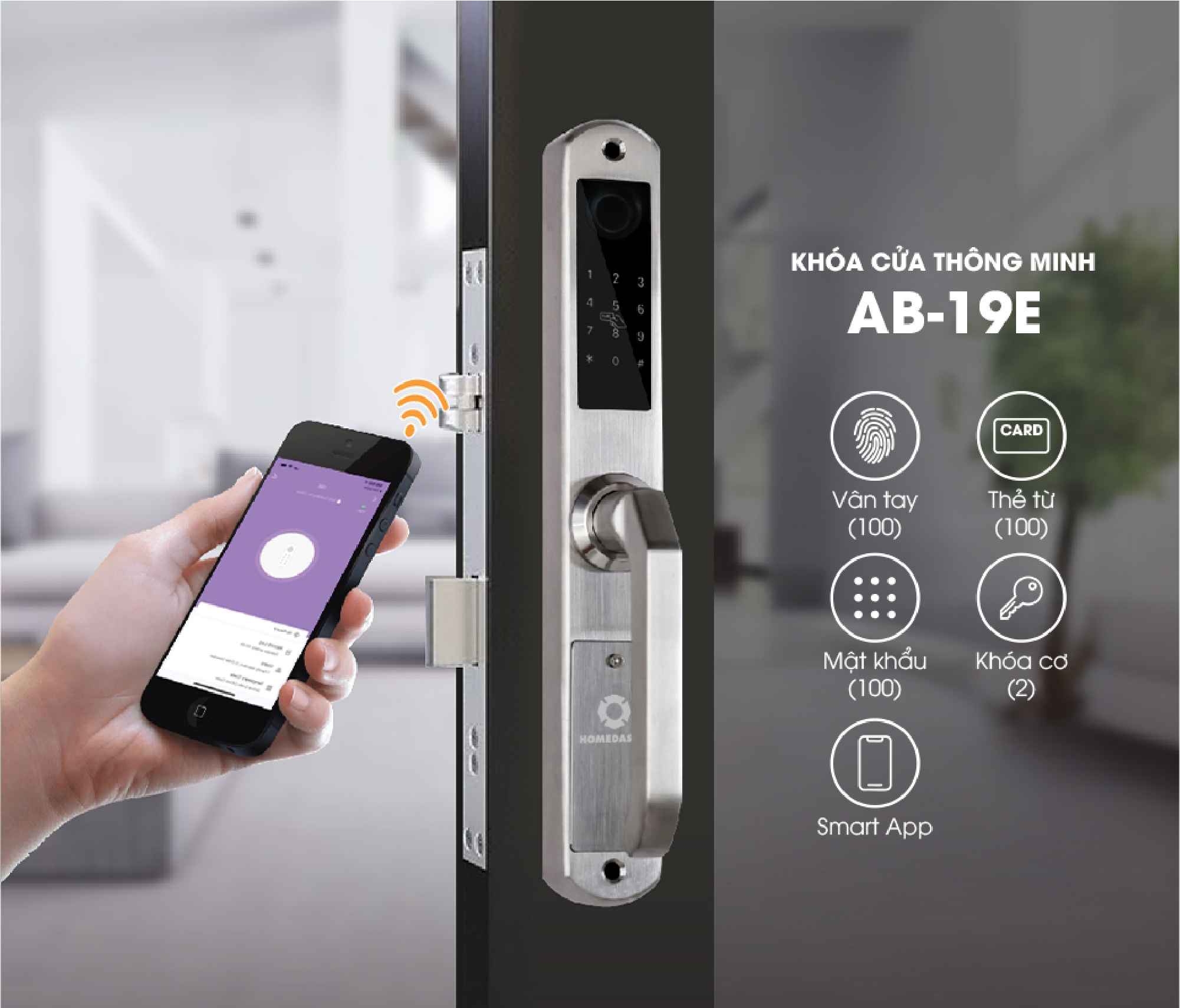 Khóa Vân Tay 2 Chiều Cửa Đố Hẹp AB-19E Liên Kết Smartphone