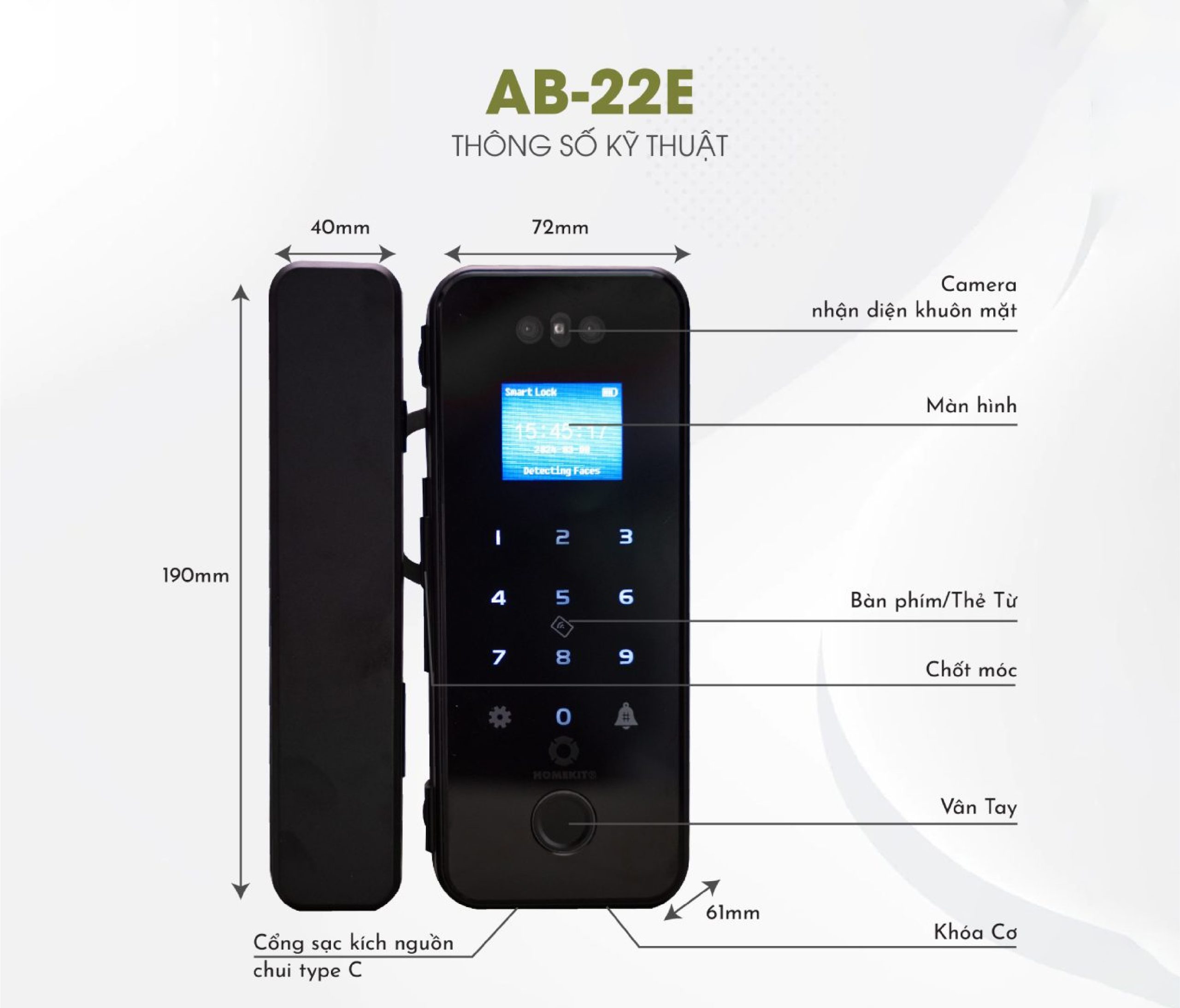 Khóa vân tay 6 tính năng AB-22E HomeDash gồm mặt chính và mặt phụ