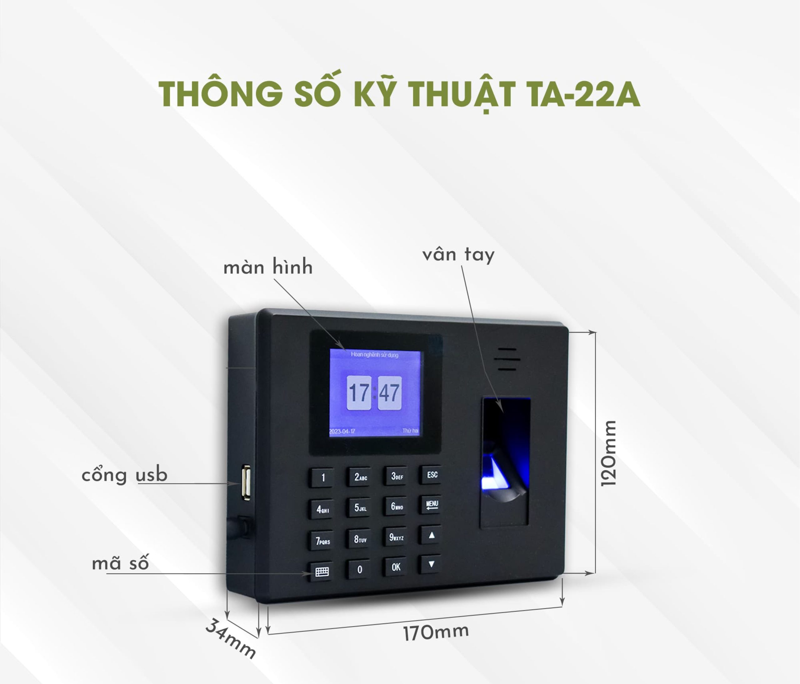 Thiết kế máy chấm công TA-22A màu đen, vỏ nhựa ABS chống va đập, màn hình TFT LCD 2.4 inch