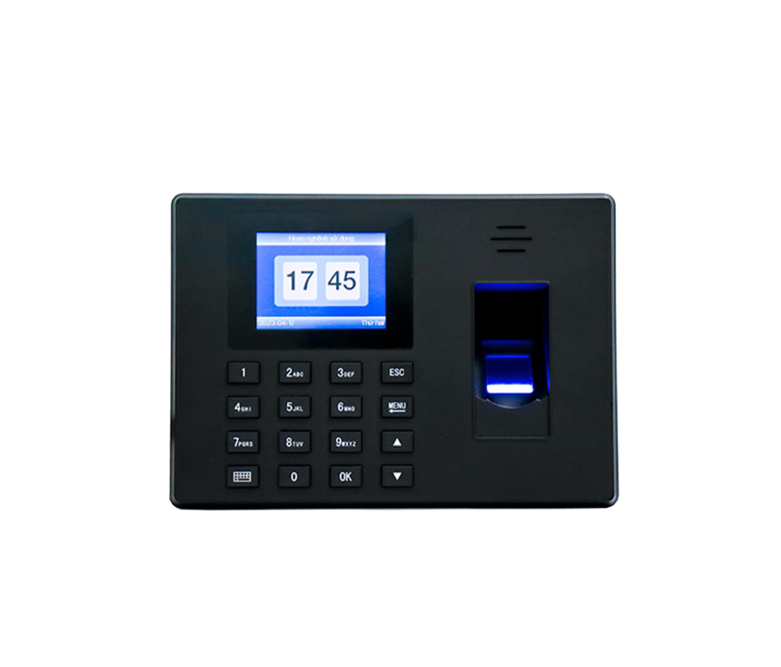 Bộ sản phẩm máy chấm công TA-122 gồm máy, USB, 2 thẻ từ và bộ ốc lắp đặt