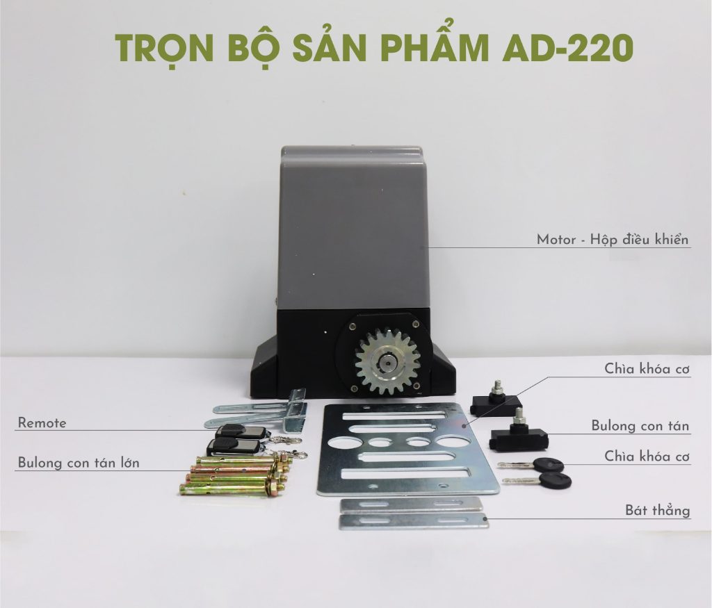Bộ sản phẩm motor cổng lùa AD-220 gồm motor, 2 remote, 2 chìa cơ và phụ kiện lắp đặt