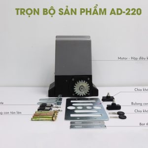 Bộ sản phẩm motor cổng lùa AD-220 gồm motor, 2 remote, 2 chìa cơ và phụ kiện lắp đặt